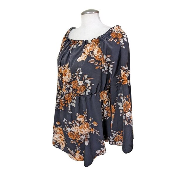 Fairy Goth Top Womens Plus 2XL Black Brown Floral Cottage Y2K Bell Long Sleeve - Picture 6 of 9